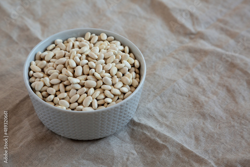Raw Organic Dry White Beans in a Gray Bowl, side view. Copy space.