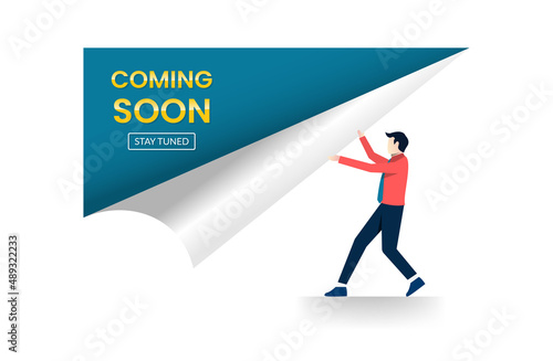 Coming soon banner on corner peeled flip paper fold vector illustration