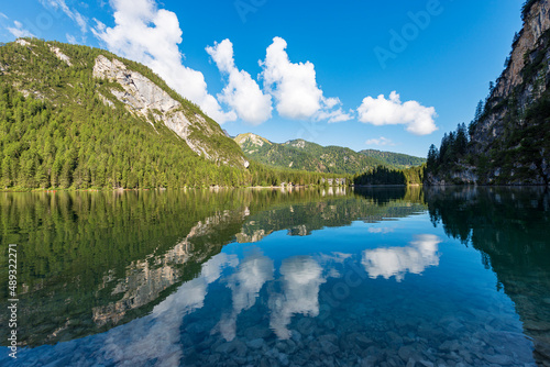 Pragser Wildsee or Lago di Braies. Small beautiful lake in Italian Alps, Dolomites, UNESCO world heritage site, Fanes-Senes-Braies nature park, South Tyrol, Trentino-Alto Adige, Italy, Europe.