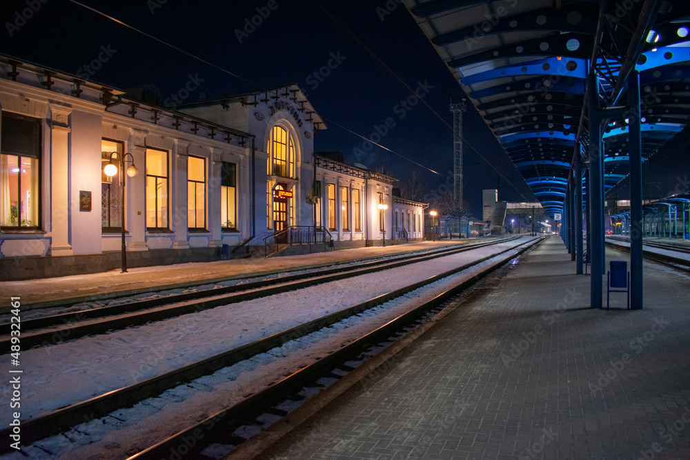 Railway station Lyubotin, Kharkiv region, Ukraine at winter night. Photo taken on 13.02.2022