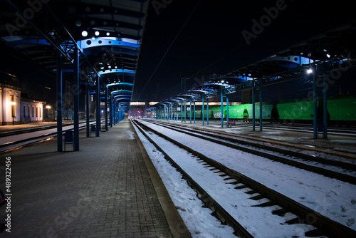 Railway station Lyubotin, Kharkiv region, Ukraine at winter night. Photo taken on 13.02.2022