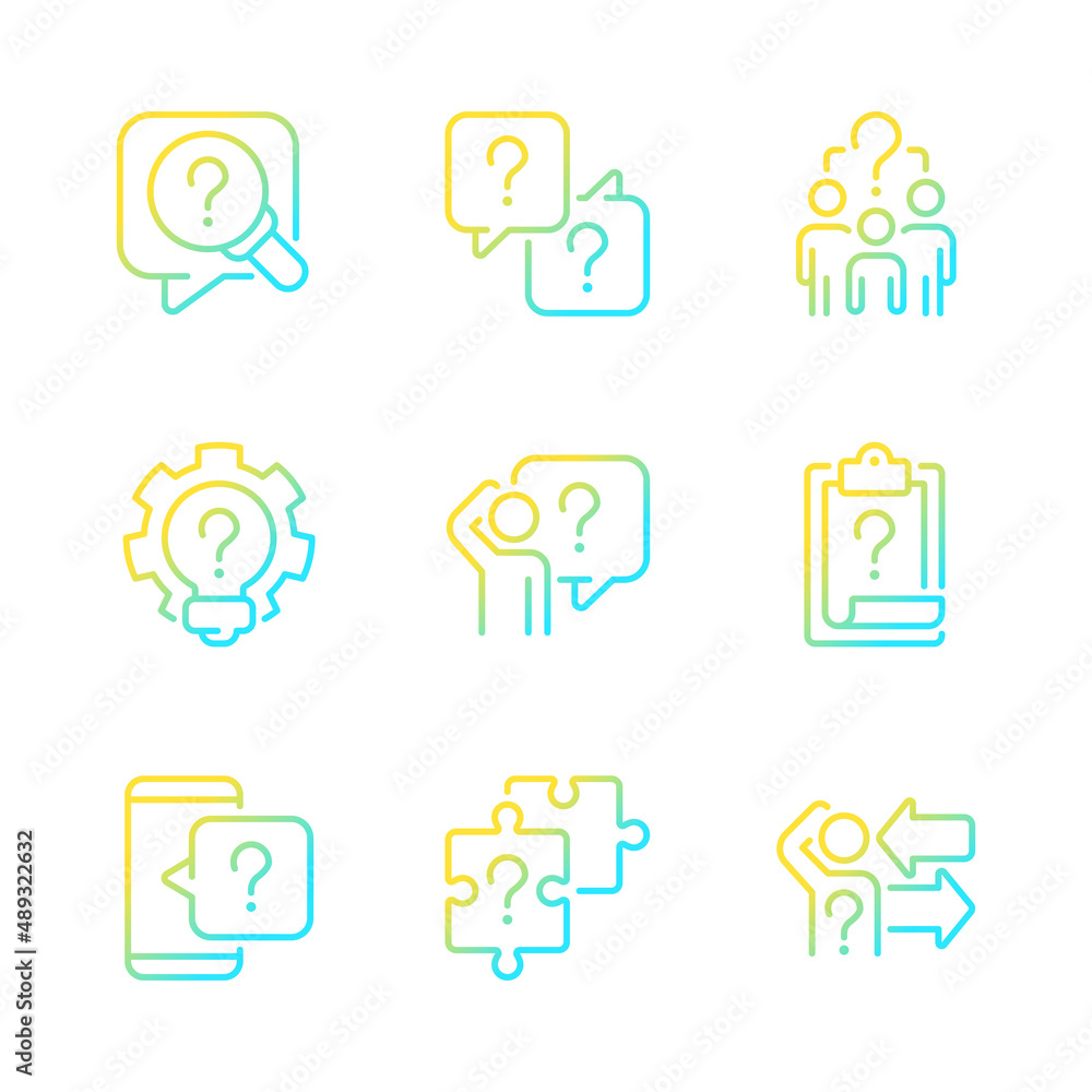 Solving different questions gradient linear vector icons set