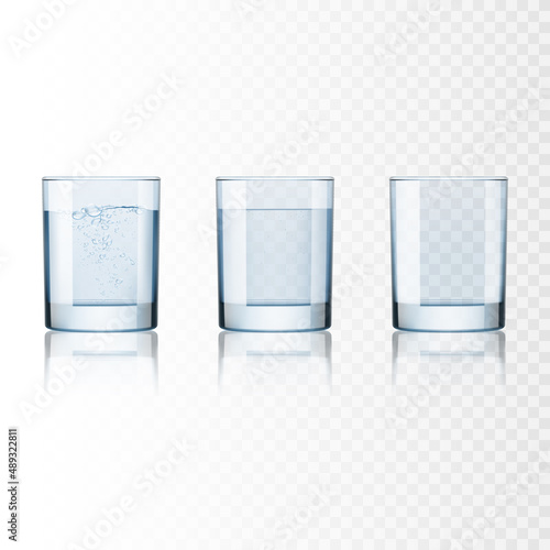 Set of glasses with water and empty, isolated.