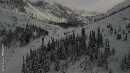 Beautiful views taken from a quadcopter in winter in the most beautiful places In Russia, Siberia Near Lake Baikal in a mountain gorge called Mamai photo