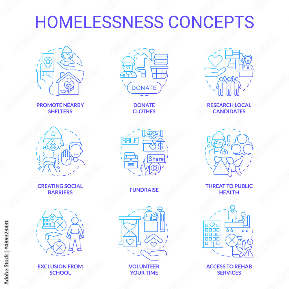 Homelessness blue gradient concept icons set