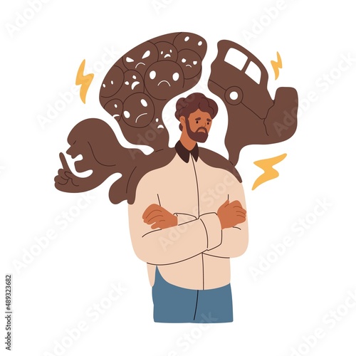 Person in anxiety, fear and stress. Nervous anxious man with mental problems. Psychology concept of phobias. Unhappy overwhelmed concerned human. Flat vector illustration isolated on white background