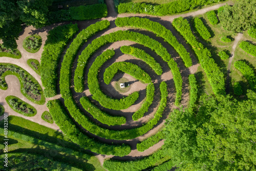 Aerial view of the Labyrinth of Bushes in the Pavlovsk Landscape Park. A sample of bushes. Summer season. Lawn design. View from above.