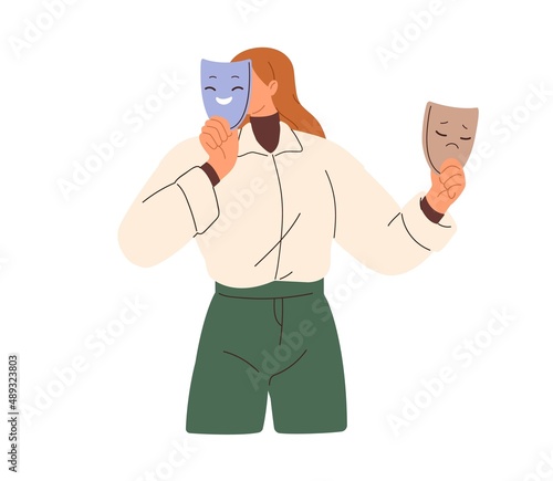 Person with split dual personality, mood swings. Bipolar disorder and duality, psychology concept. Woman with happy and sad, different masks. Flat vector illustration isolated on white background