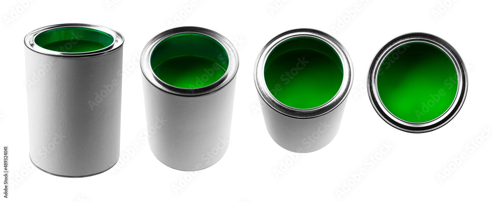A jar with green paint in different angles on a white background A jar with green paint in different angles on a white background