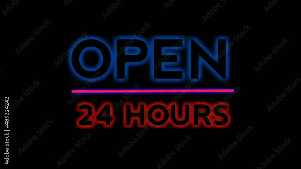 Neon sign animation Open 24 hours on a black background. Blue neon sign Open 24 hours in blue and pink neon color suitable for store or bar and night club,casino.4K footage business concept Neon sign animation Open 24 hours on a black background. Blue neon sign Open 24 hours in blue and pink neon color suitable for store or bar and night club,casino.4K footage business concept
