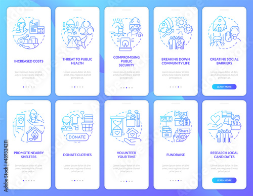 Awareness of issue blue gradient onboarding mobile app screen set