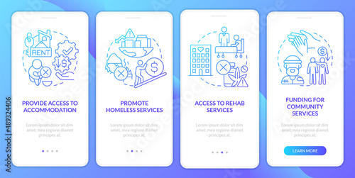 Homeless assistance programs blue gradient onboarding mobile app screen