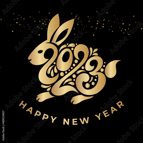 Happy New year 2023. The year of the rabbit of lunar Eastern calendar. Creative rabbit, bunny logo and number 2023 on a black background. Happy Chinese New Year Greeting Card, banner.