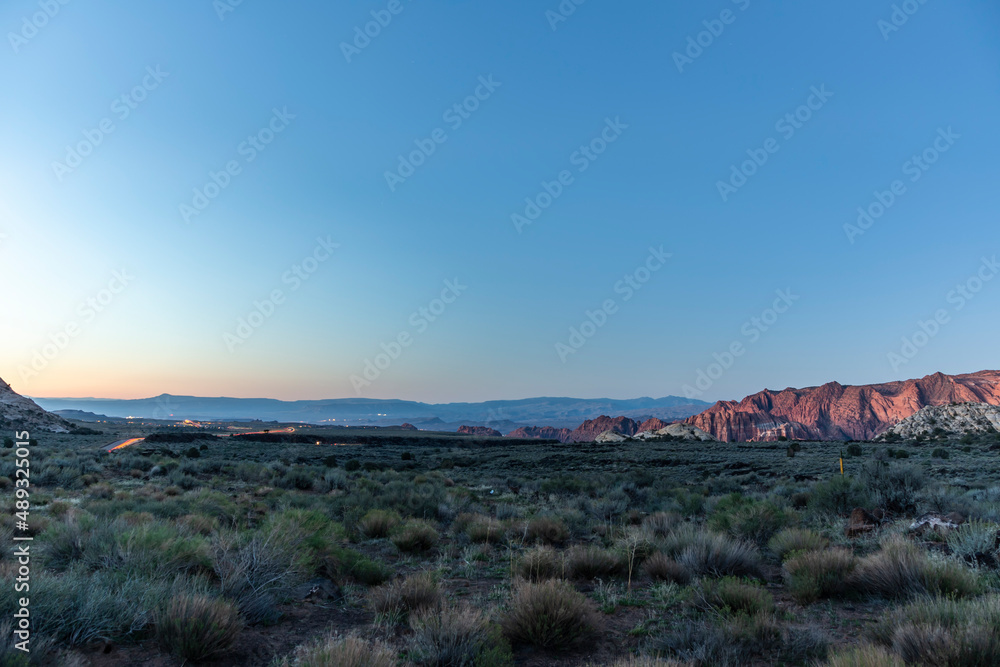 Scenery with a view of the mountains and grassland in the area of Snow Canyon, Utah, the U.S.