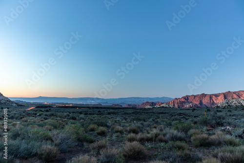 Scenery with a view of the mountains and grassland in the area of Snow Canyon, Utah, the U.S.