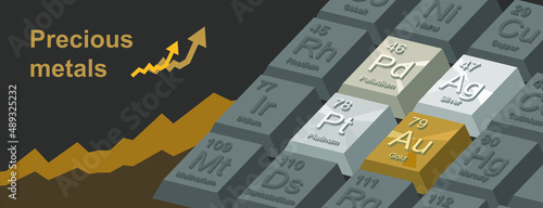 Precious metals on periodic table. Gold, silver, platinum and palladium, chemical elements with a high economic value, also used as currency. Symbols and atomic numbers.