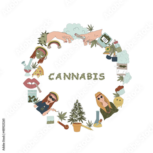 The concept of marijuana. Different elements in the circle and the word CANNABIS. Vector flat illustrations for t-shirt prints, posters and other uses.