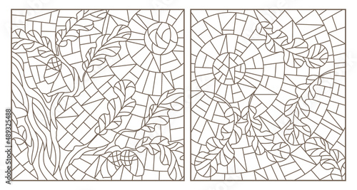 A set of contour illustrations in the style of stained glass with oak branches on a sky background, dark contours on a white background