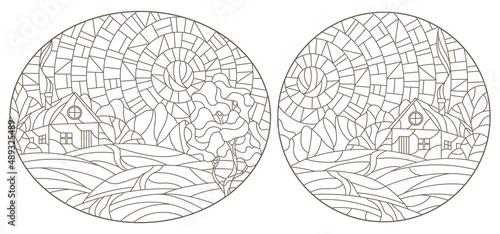 Set contour illustrations of stained glass Windows landscape , lonely house on a background of nature