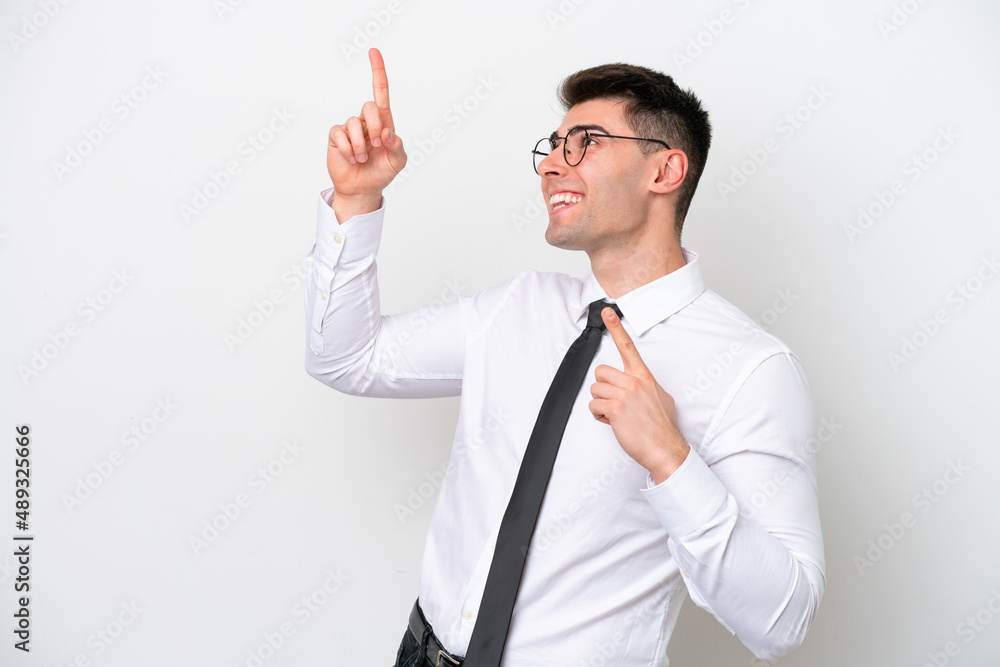 Business caucasian man isolated on white background pointing with the index finger a great idea Business caucasian man isolated on white background pointing with the index finger a great idea