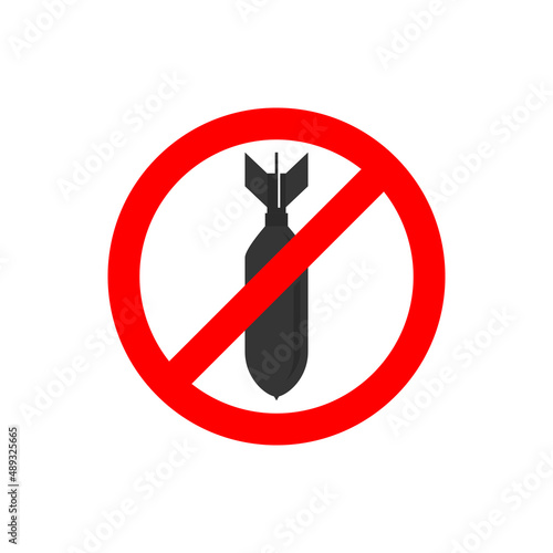 Circular NO WAR sign on white background, stop war sign, silhouette missile falling isolated, rocket icon