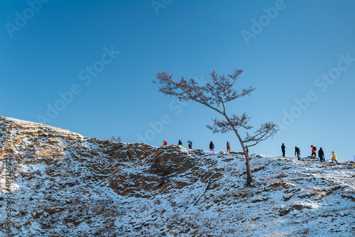 Peoples goes up on the hill in baikal lake, siberia
