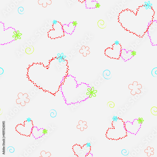 Drawing of a pair of hearts and small flowers on a white background. It is a seamless vector pattern work.
