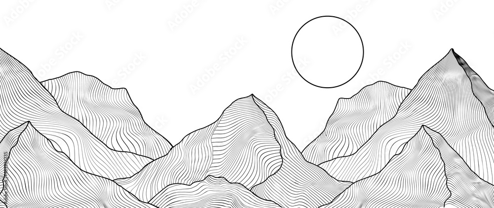 Abstract mountain line art background. Minimalist landscape on white  wallpaper with hills, sun, moon and river in hand drawn pattern. Design for  cover, banner, print, wall art, decoration. Stock Vector | Adobe