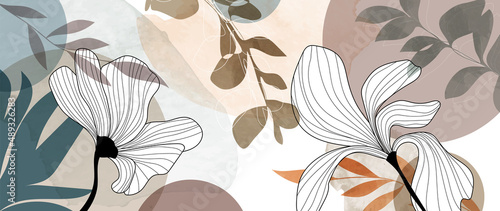Colorful tropical on summer tone background. Abstract watercolor texture wallpaper with sun, leaves, flower, and palm leaf in line art pattern. Design for cover, banner, print, wall art, decoration.