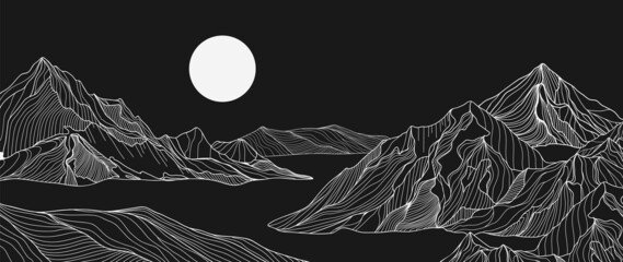 Leinwandbilder Schwarz Abstract white mountain on night time background. Minimalist landscape on black wallpaper with hills, sun, moon in hand drawn pattern. Line art design for cover, banner, print, wall art, decoration.  © TWINS DESIGN STUDIO