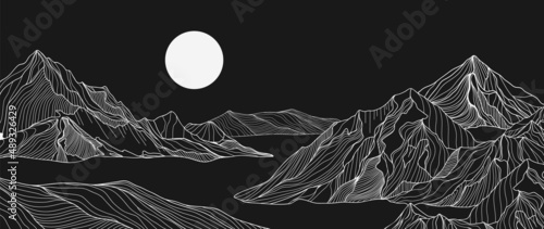 Abstract white mountain on night time background. Minimalist landscape on black wallpaper with hills, sun, moon in hand drawn pattern. Line art design for cover, banner, print, wall art, decoration.
