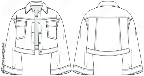 Women Trucker Trumpet Sleeve Jacket, Leather Jackets, Biker Jacket, Moto Racer Jacket, Denim Bell Sleeve Crop Shirt Fashion Illustration, Vector, CAD, Technical Drawing, Flat drawing.