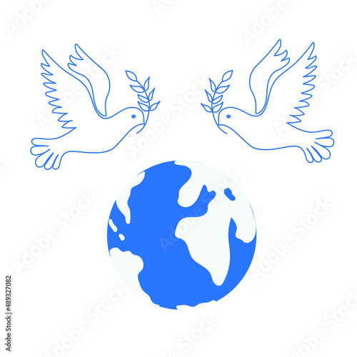 Abstract image of pigeons (a symbol of peace and goodness) and a globe on a white background. Vector illustration