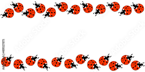 Vector border, frame of cute bright red ladybugs in doodle flat style. Horizontal top and bottom edging, decoration for Natural design, kids theme