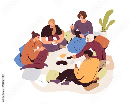 Psychologist and patients at group therapy session. People at psychotherapy meeting in circle. Psychology concept. Psychotherapist at rehab club. Flat vector illustration isolated on white background