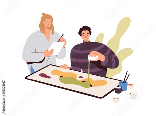 Art therapy concept. Person painting, creating abstract picture at psychology session with professional psychologist. Creative psychotherapy. Flat vector illustration isolated on white background