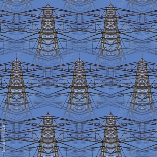 repeating patterns inspired by electric pylon design against a blue sky