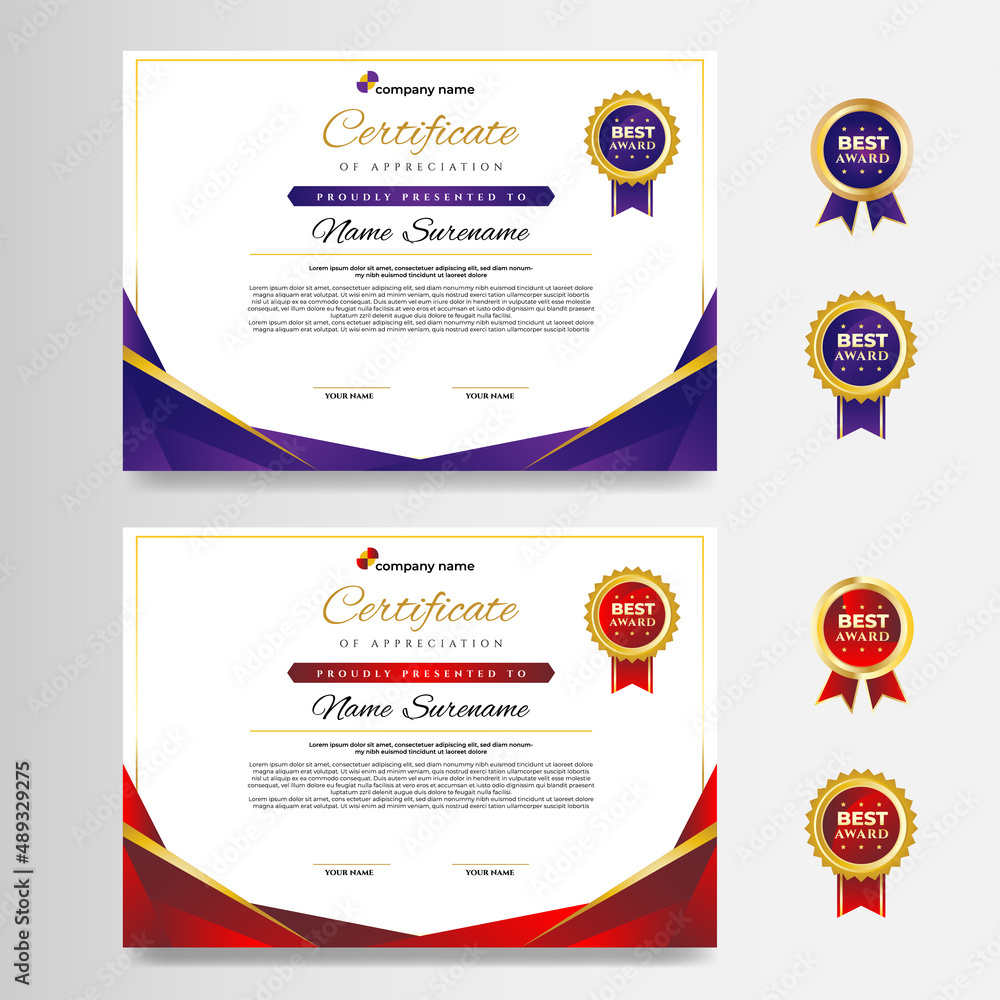 Obraz premium Gold Purple and Red Certificate Design Template With Tag