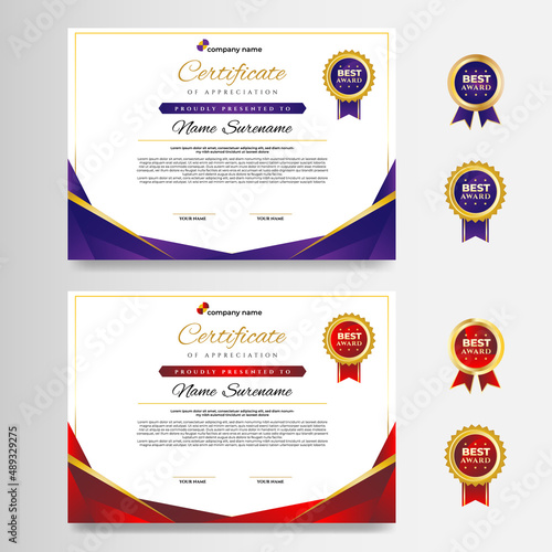 Gold Purple and Red Certificate Design Template With Tag