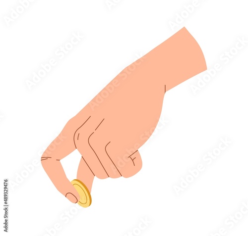 Gold coin squeezed between fingers and scratching. Hand holding cash money, penny. Contributor sponsor giving financial help, donating dollar. Flat vector illustration isolated on white background