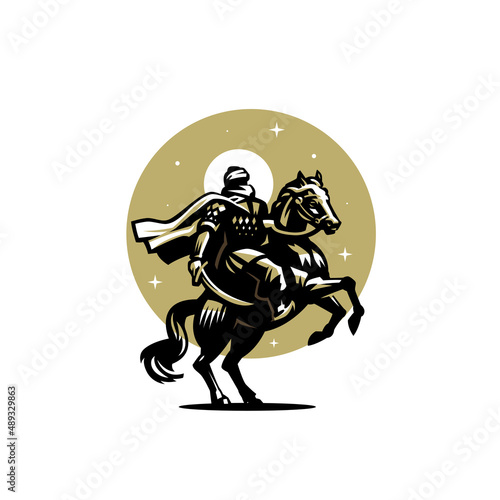 Male warrior with a closed face and a cloak, warrior, Arab, Bedouin, Tuareg. The horse reared up. In the hands of a sword. Stylized vector illustration.