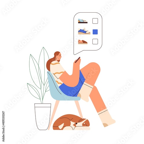 Customer shopping online, using mobile phone app. Woman shopper choosing and buying through internet with smartphone. Buyer with cellphone. Flat vector illustration isolated on white background