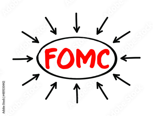 FOMC Federal Open Market Committee acronym - committee within the Federal Reserve System, conducts monetary policy for the U.S. central bank, text concept with arrows