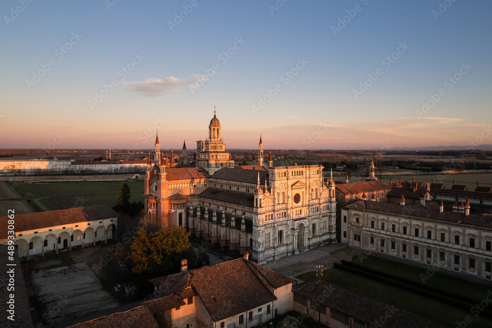 Certosa di Pavia Monastery aerial close up at sunset.
