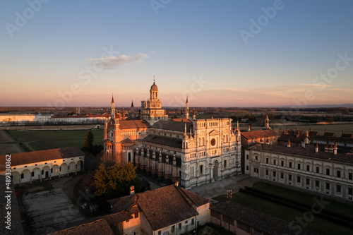 Certosa di Pavia Monastery aerial close up at sunset. © SirDiegoSama