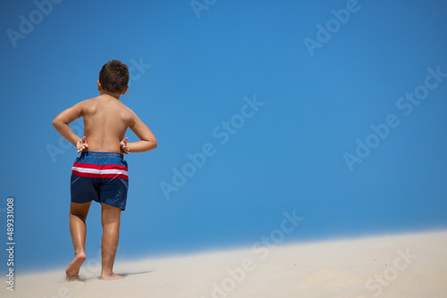 Portrait of a cute boy on a dune of a beach. Back view