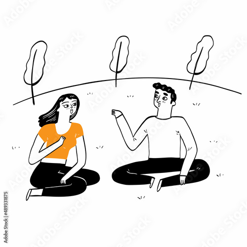 Couple are relax and talking in the park.