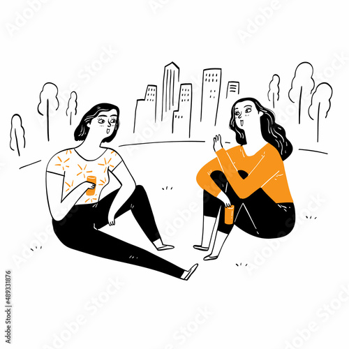 Pretty girl and best friend Relax and talking in the park