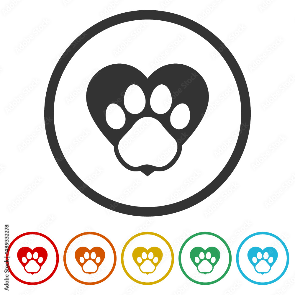 Animal love symbol paw print with heart ring icon, color set Animal love symbol paw print with heart ring icon, color set