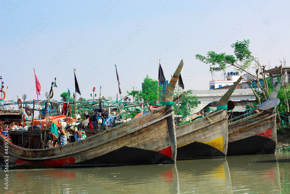 14-Jan-2020 Barguna,Bangladesh. The wooden fishing boats are arranged in rows